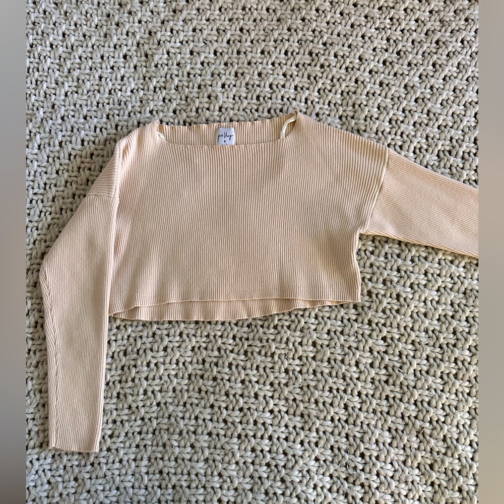 Princess Polly beige off the shoulder cropped sweater